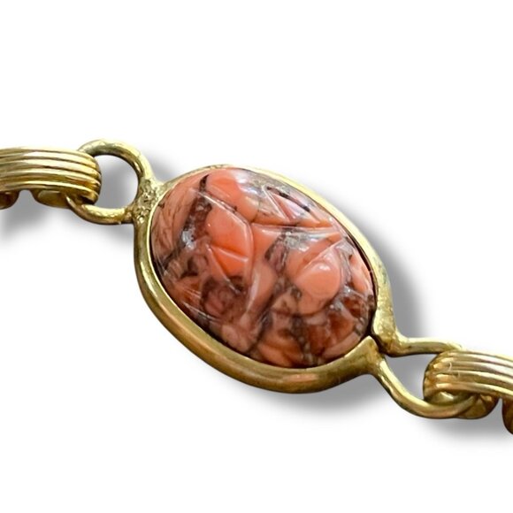 Vintage Scarab Bracelet Art Glass Gold Tone Egyptian Revival 1970s Boho Cabochon - Picture 4 of 12